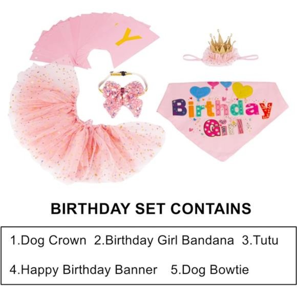 Dog Birthday Hat Bandana Girl - Puppy Party Supplies Pink Tutu Scarf Bow Banner - Picture 3 of 7
